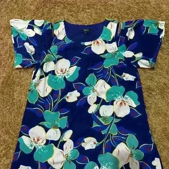 Luxology Women's Floral Cold Shoulder Dress Size 12 Navy Blue Short Sleeve - Picture 6 of 9